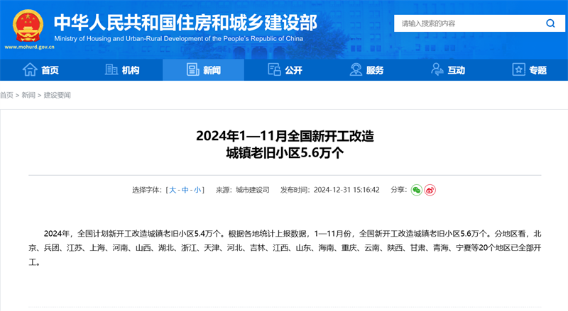 住建部:2024年前11月全国新开工改造城镇老旧小区5.6万个,速度超预期